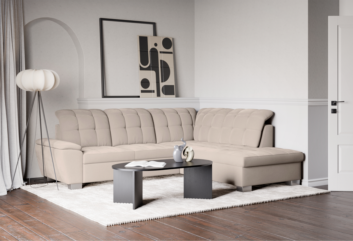 Canapé d'angle droit Jamaal avec fonction couchage et coffre de rangement, tissage beige