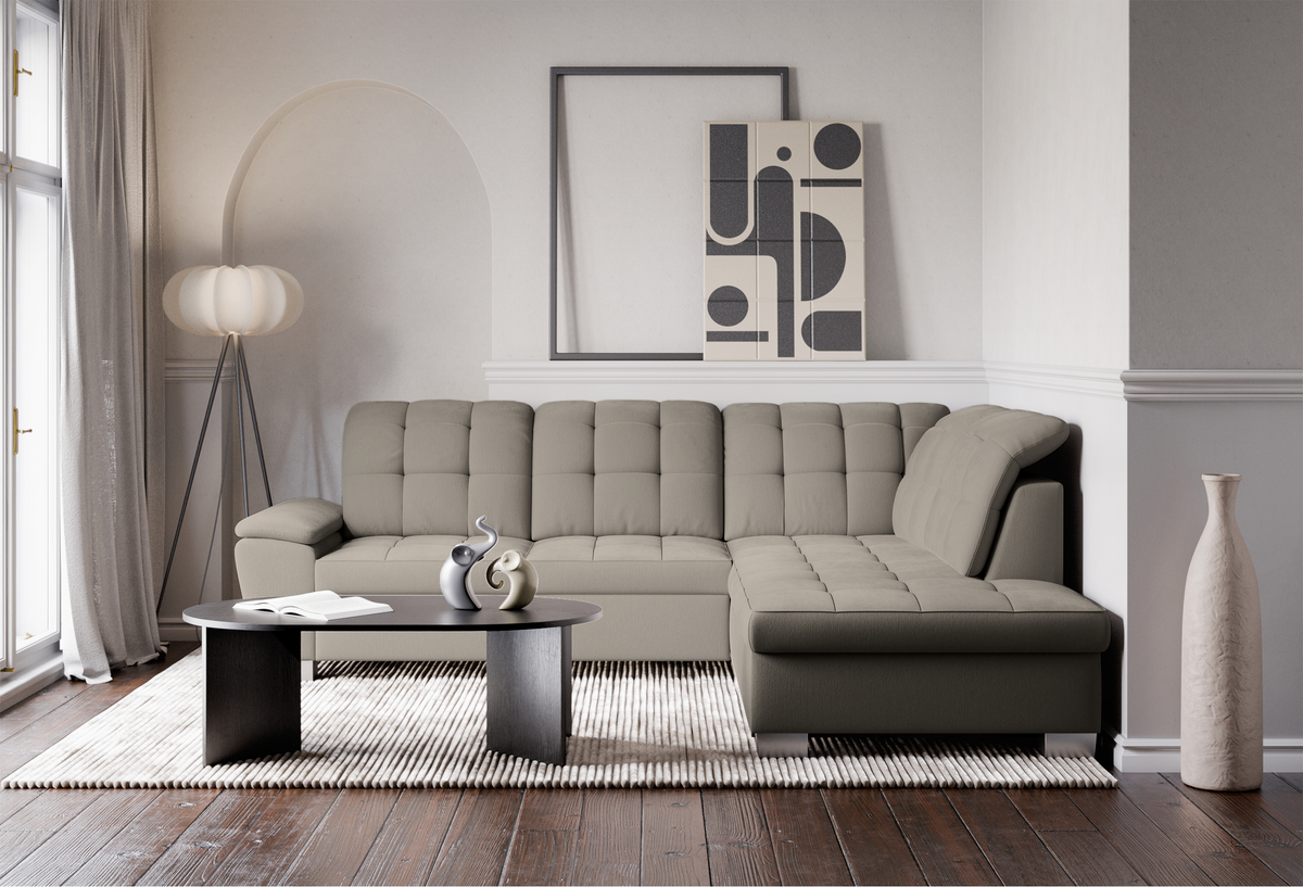 Canapé d'angle droit Jamaal avec fonction couchage et coffre de rangement, tissage gris-beige