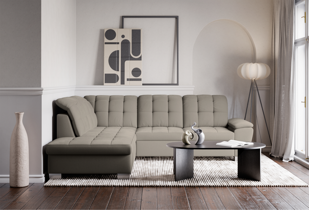 Ecksofa mit Schlaffunktion Jamaal, L-förmig, linksseitig, mit Stauraum, grau-beige Flechtoptik