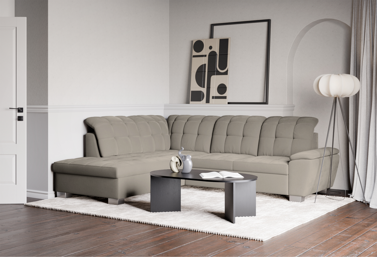 Canapé d'angle gauche avec fonction couchage et coffre de rangement Jamaal, tressage gris-beige