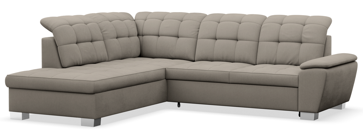 Canapé d'angle gauche avec fonction couchage et coffre de rangement Jamaal, tressage gris-beige