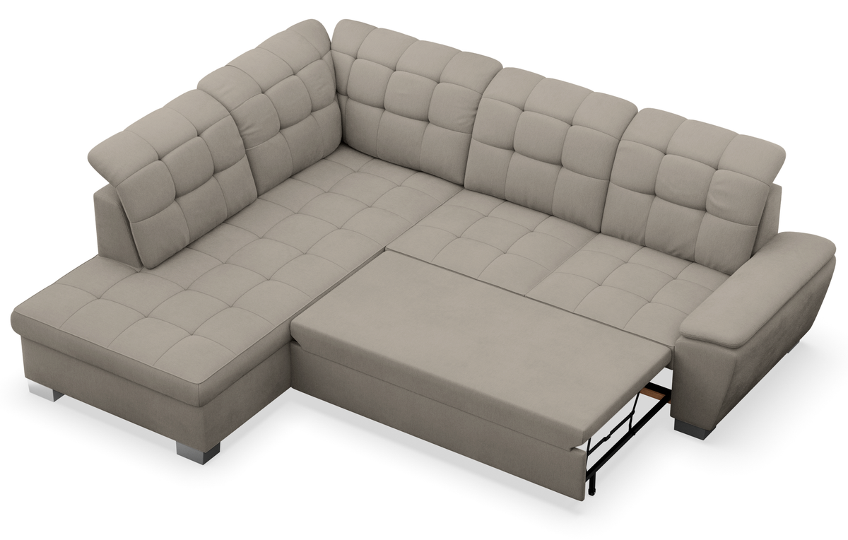 Canapé d'angle gauche avec fonction couchage et coffre de rangement Jamaal, tressage gris-beige