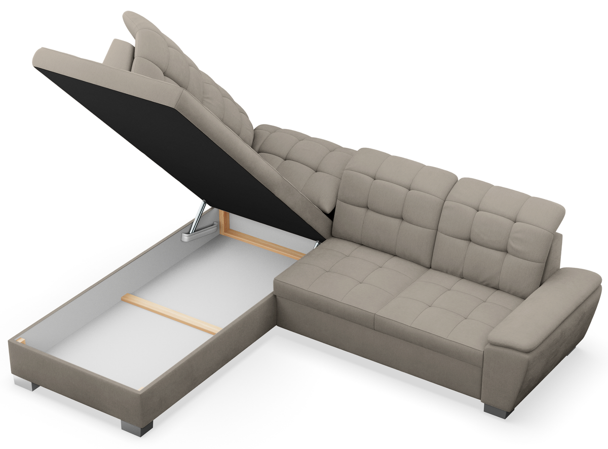 Canapé d'angle gauche avec fonction couchage et coffre de rangement Jamaal, tressage gris-beige