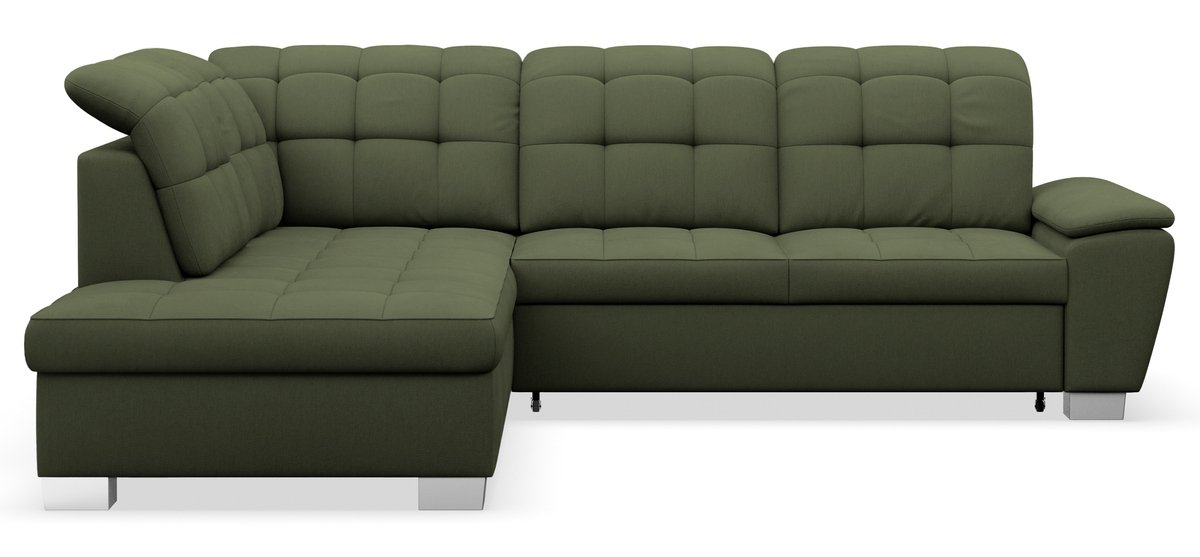 Canapé d'angle gauche avec fonction couchage Jamaal en tissu khaki tressé avec coffre de rangement