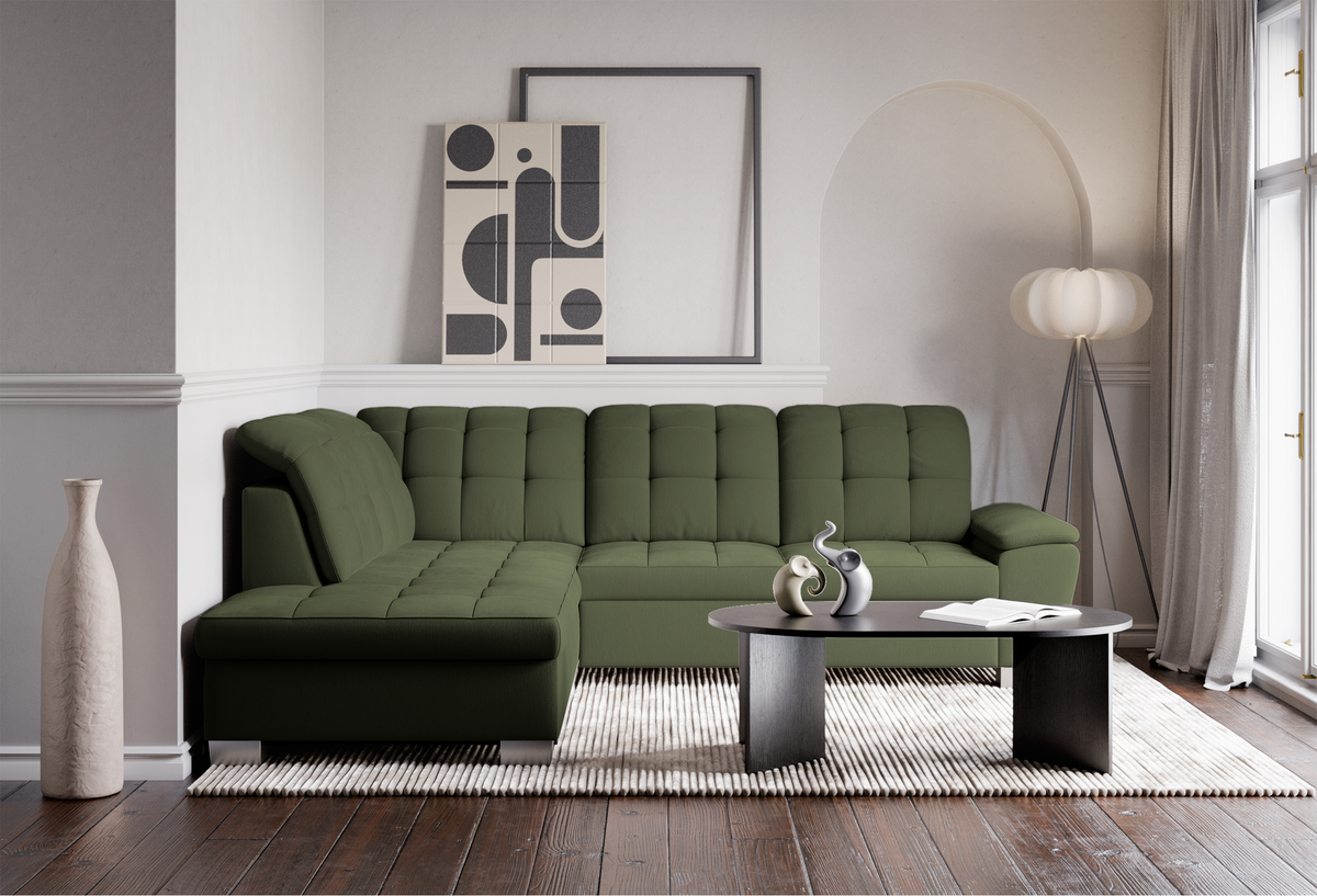 Canapé d'angle gauche avec fonction couchage Jamaal en tissu khaki tressé avec coffre de rangement
