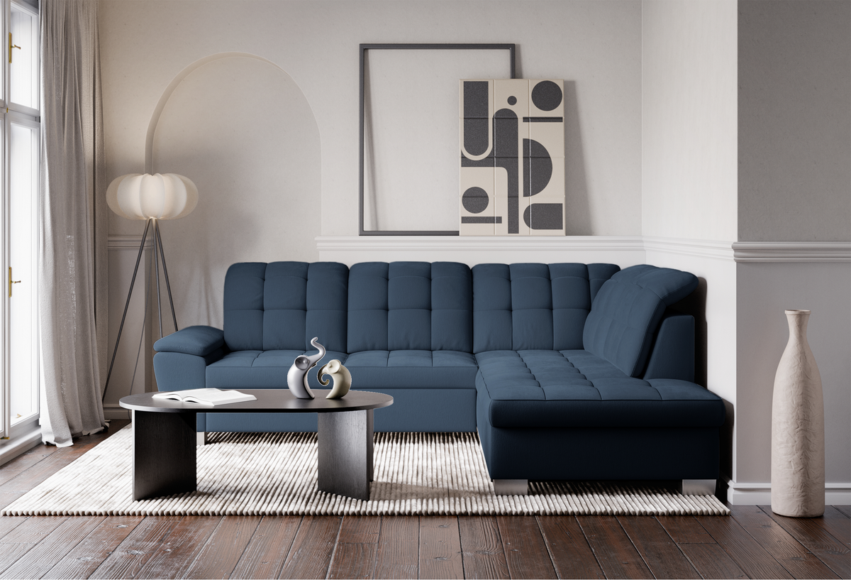 Canapé d'angle droit avec fonction couchage Jamaal en osier bleu marine avec coffre de rangement