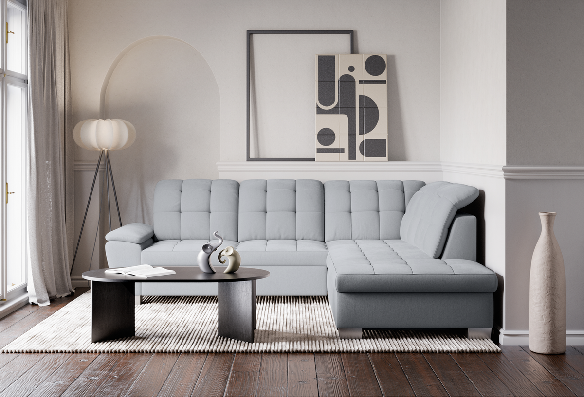 Canapé d'angle droit avec fonction couchage Jamaal en tissu tressé gris clair avec coffre de rangement