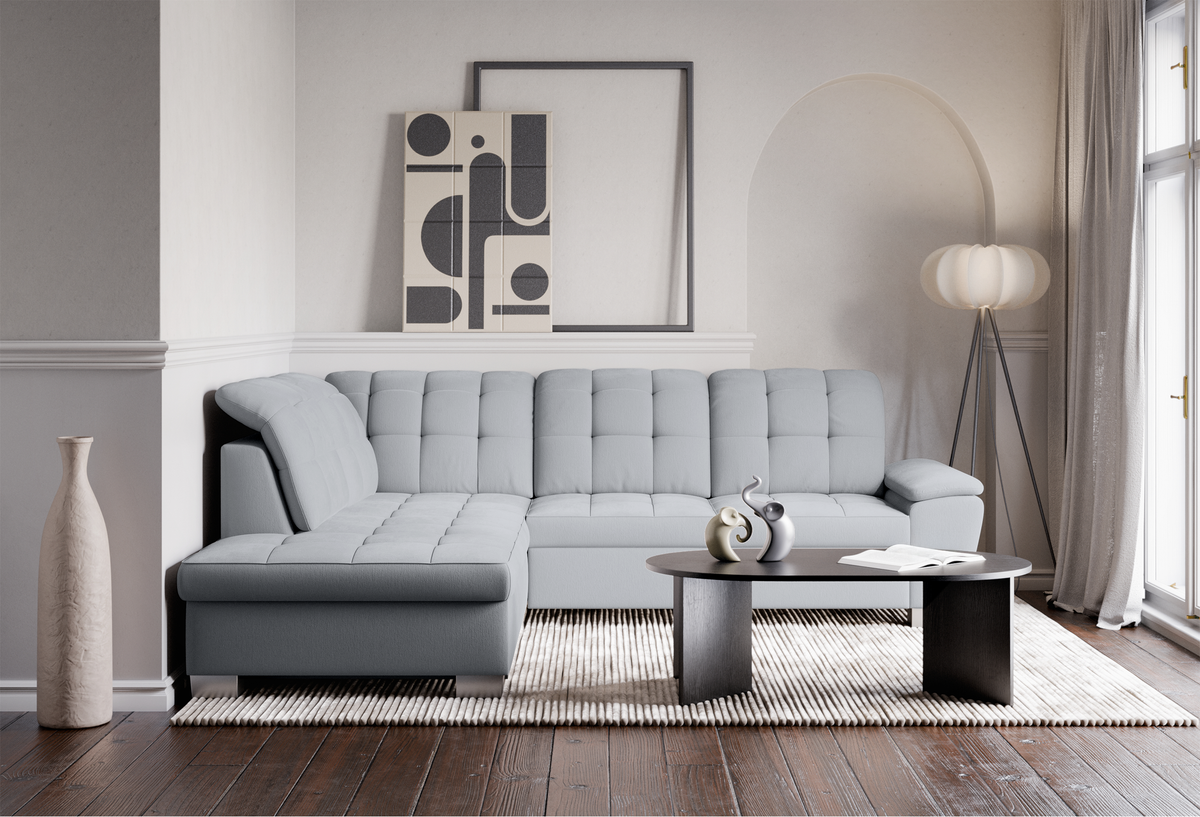 Ecksofa mit Schlafunktion Jamaal, L-förmig, linksseitig, mit Stauraum, hellgraues Geflecht