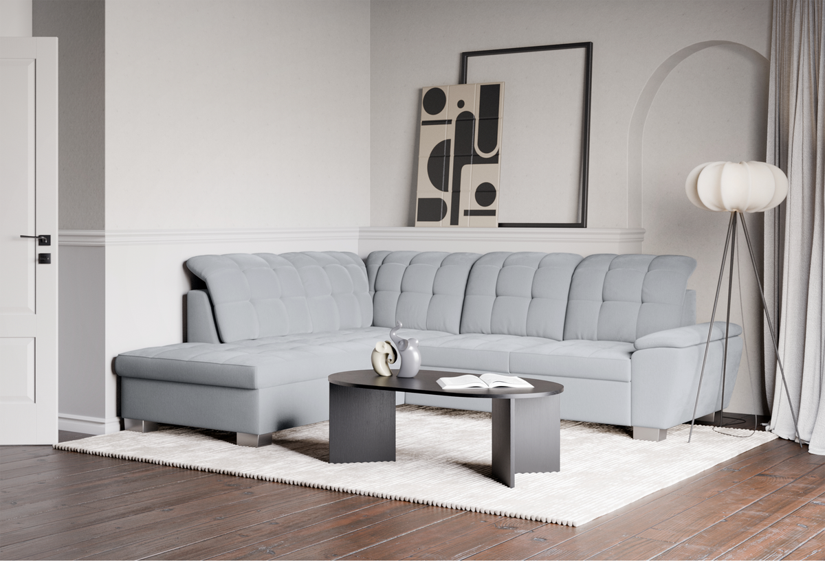 Ecksofa mit Schlafunktion Jamaal, L-förmig, linksseitig, mit Stauraum, hellgraues Geflecht