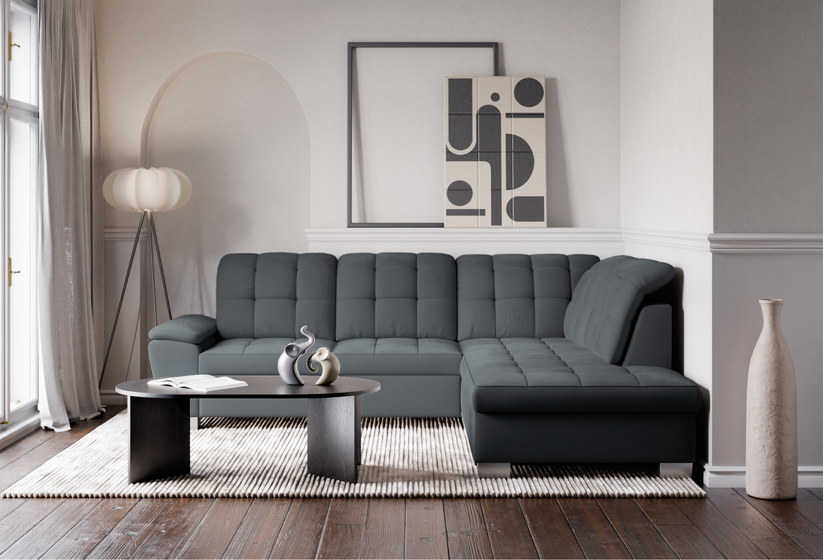 Canapé d'angle droit Jamaal avec fonction couchage et coffre, tissage gris foncé