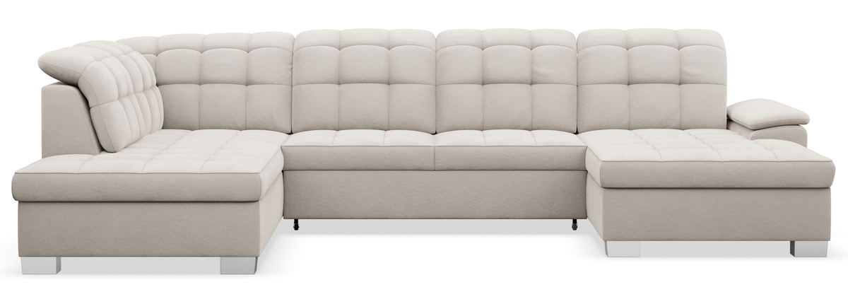 Canapé d'angle droit Jamaal en U avec fonction couchage et coffre de rangement, velours hydrofuge gris beige