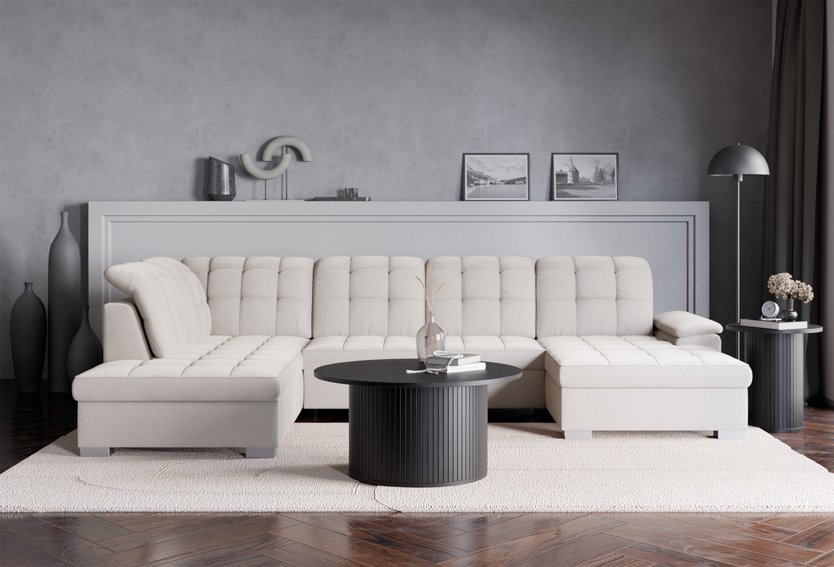 Canapé d'angle droit Jamaal en U avec fonction couchage et coffre de rangement, velours hydrofuge gris beige