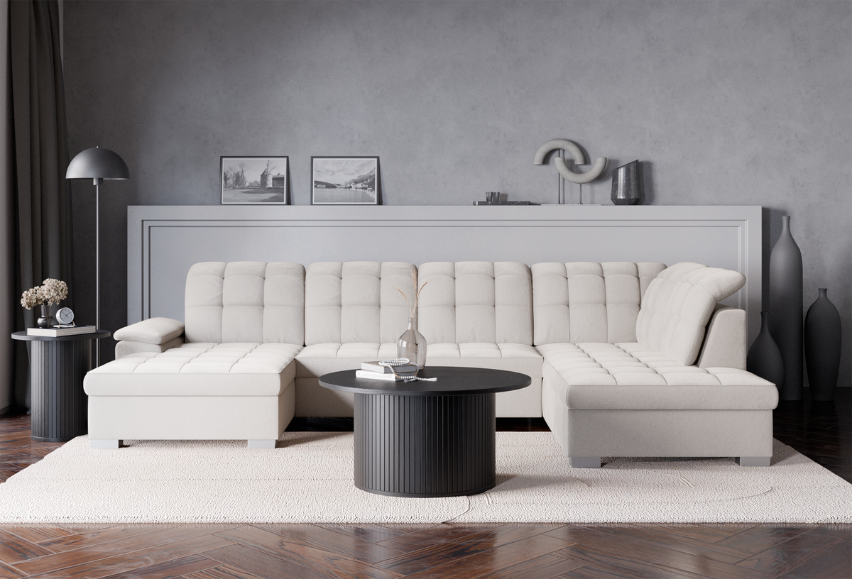Ecksofa mit Schlaffunktion Jamaal U-förmig linksseitig mit Stauraum, grau-beiger hydrophober Samt