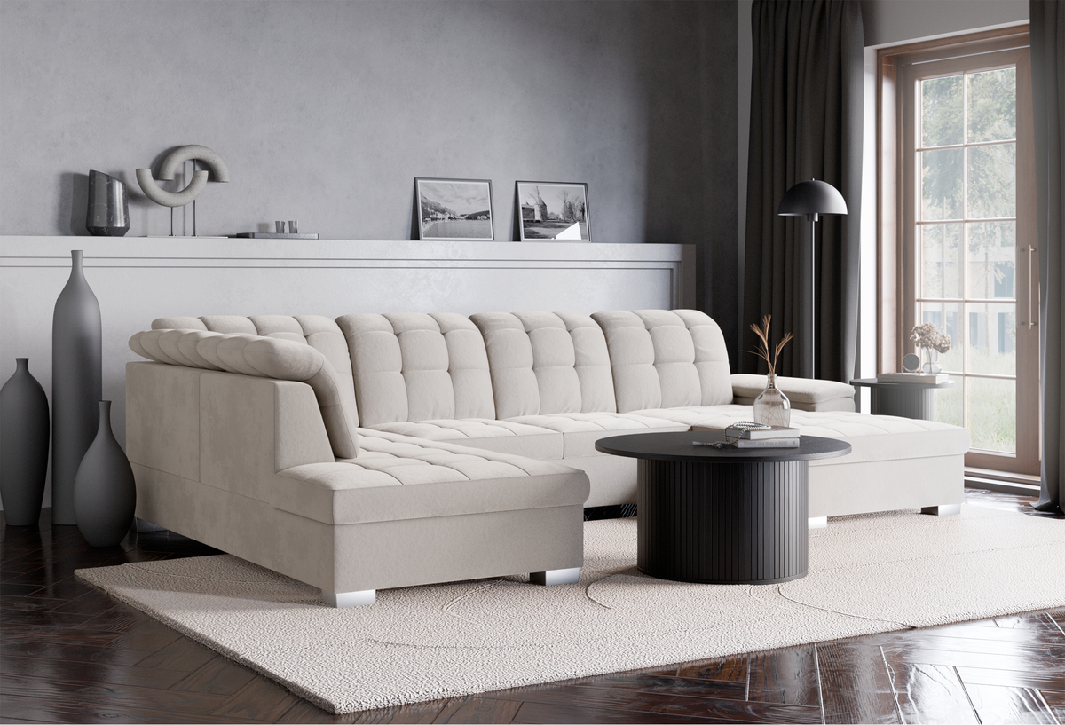 Canapé d'angle droit Jamaal en U avec fonction couchage et coffre de rangement, velours hydrofuge gris beige