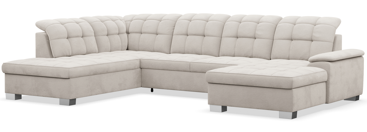 Canapé d'angle droit Jamaal en U avec fonction couchage et coffre de rangement, velours hydrofuge gris beige
