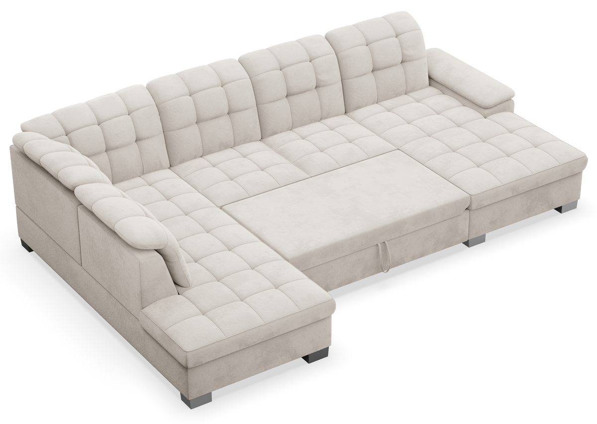Canapé d'angle droit Jamaal en U avec fonction couchage et coffre de rangement, velours hydrofuge gris beige
