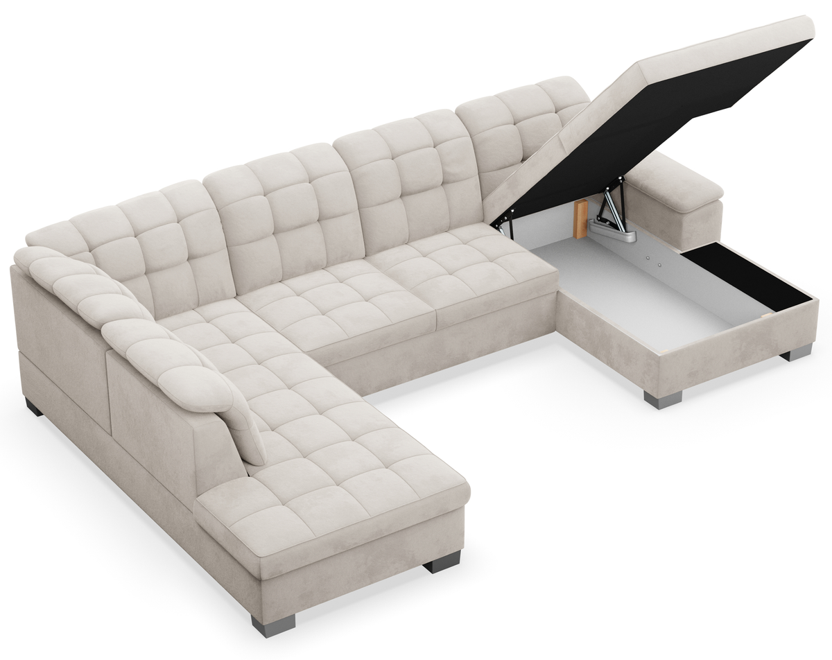 Canapé d'angle droit Jamaal en U avec fonction couchage et coffre de rangement, velours hydrofuge gris beige