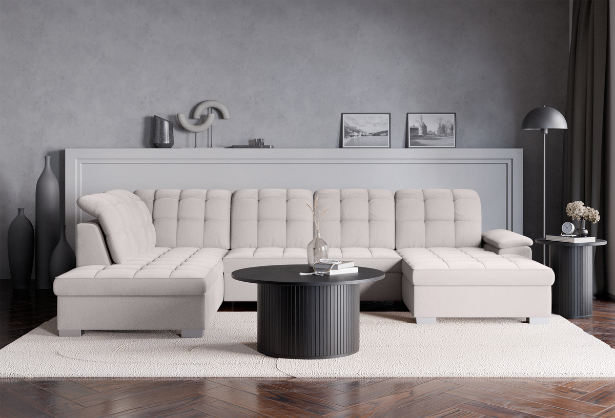 Canapé d'angle droit avec fonction couchage Jamaal en U, velours hydrofuge gris clair avec coffre de rangement