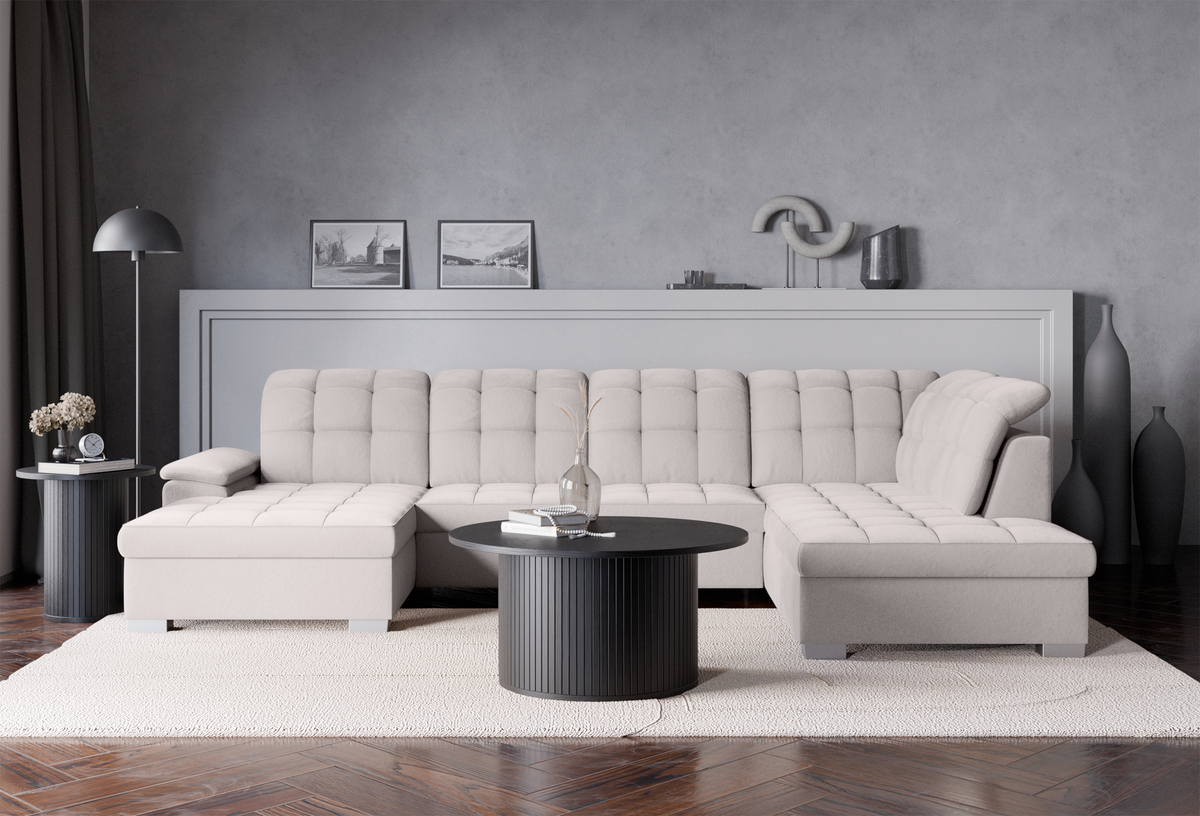 Canapé d'angle avec fonction couchage Jamaal en U, côté gauche, avec coffre, velours hydrofuge gris clair