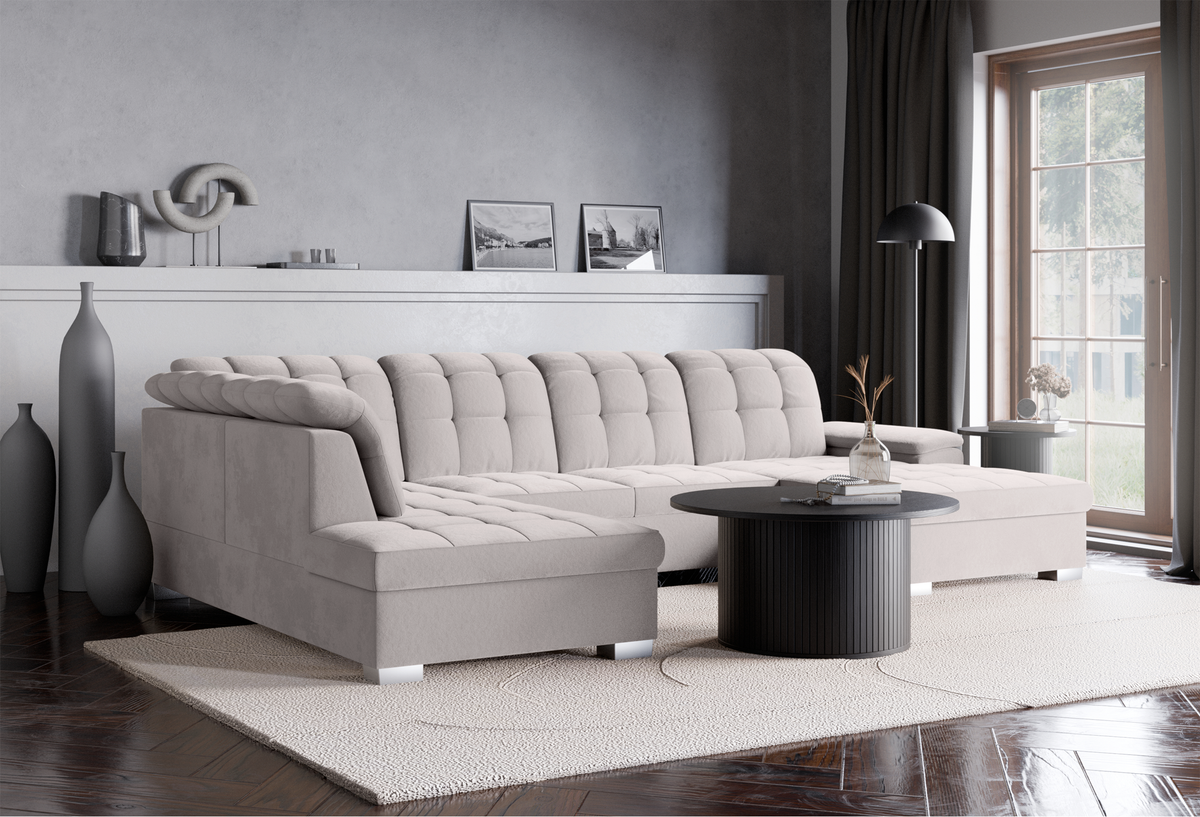 Canapé d'angle droit avec fonction couchage Jamaal en U, velours hydrofuge gris clair avec coffre de rangement