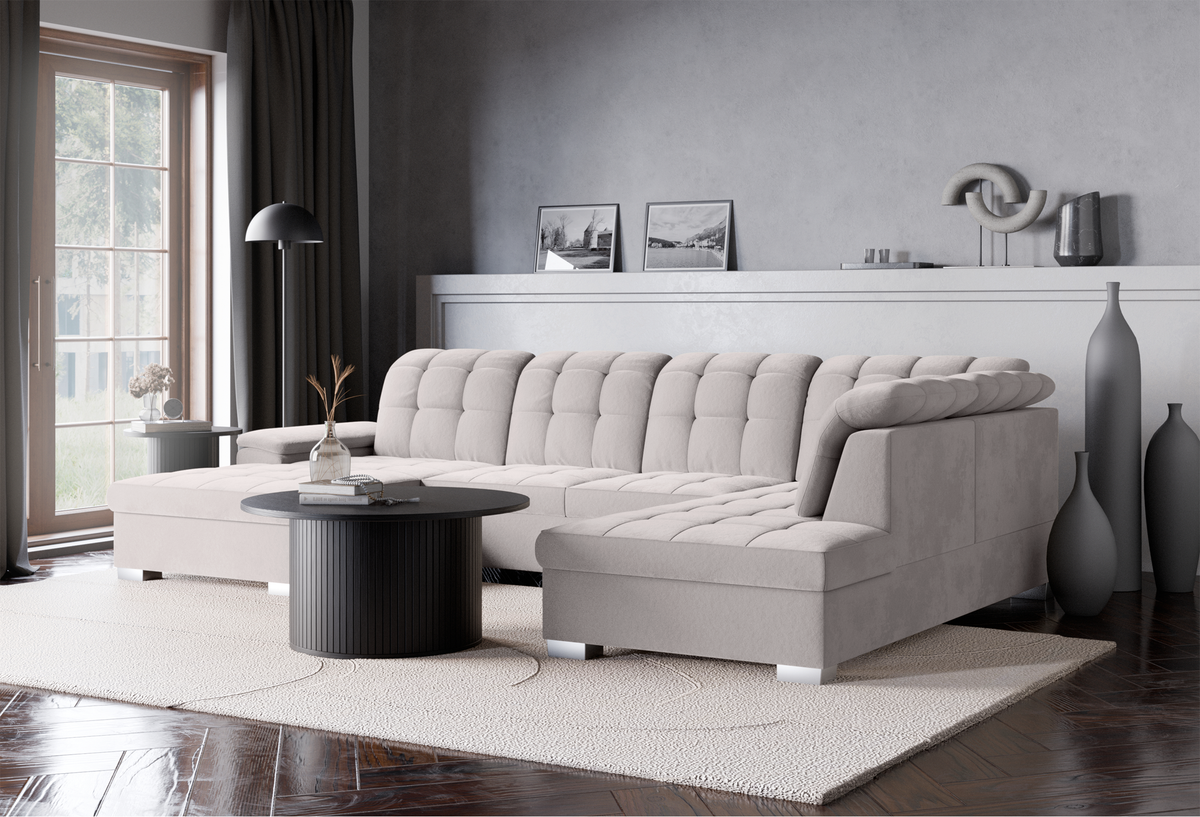 Canapé d'angle avec fonction couchage Jamaal en U, côté gauche, avec coffre, velours hydrofuge gris clair