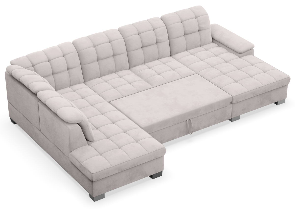 Canapé d'angle droit avec fonction couchage Jamaal en U, velours hydrofuge gris clair avec coffre de rangement