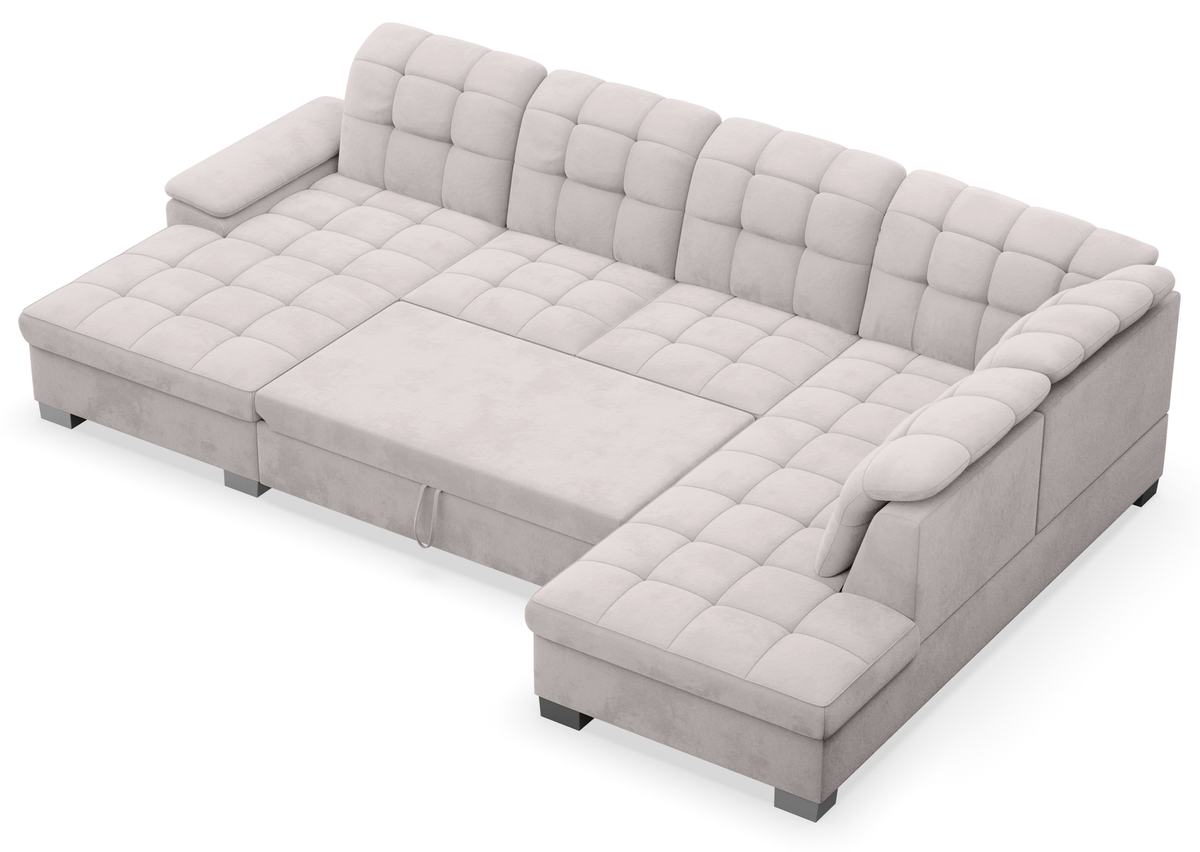 Canapé d'angle avec fonction couchage Jamaal en U, côté gauche, avec coffre, velours hydrofuge gris clair
