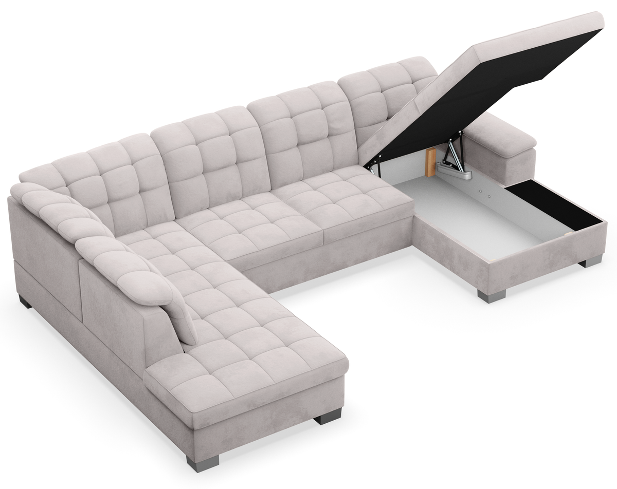 Canapé d'angle droit avec fonction couchage Jamaal en U, velours hydrofuge gris clair avec coffre de rangement