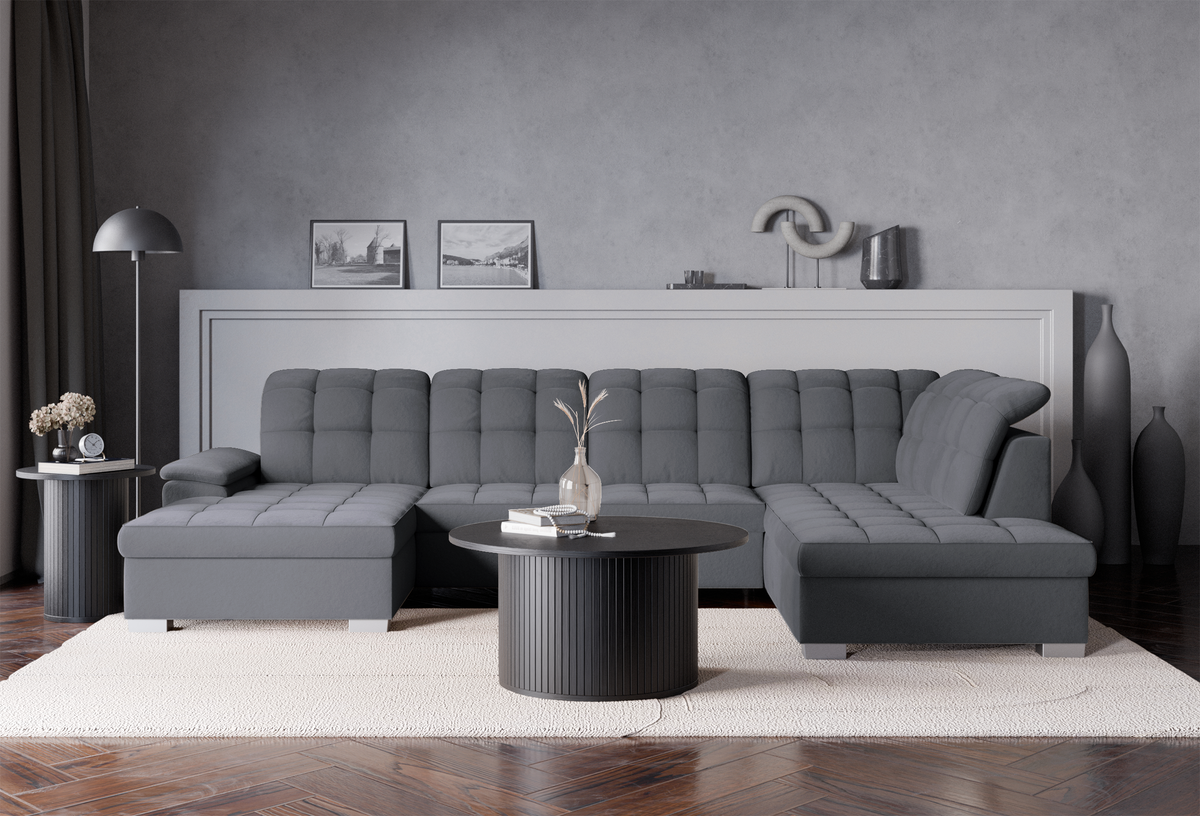Canapé d'angle avec fonction couchage Jamaal en U, côté gauche, avec rangement, velours hydrofuge gris foncé