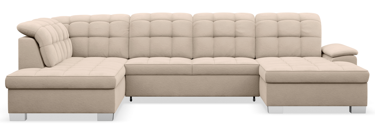 Canapé d'angle droit avec fonction couchage Jamaal en velours hydrofuge beige avec coffre de rangement, forme en U