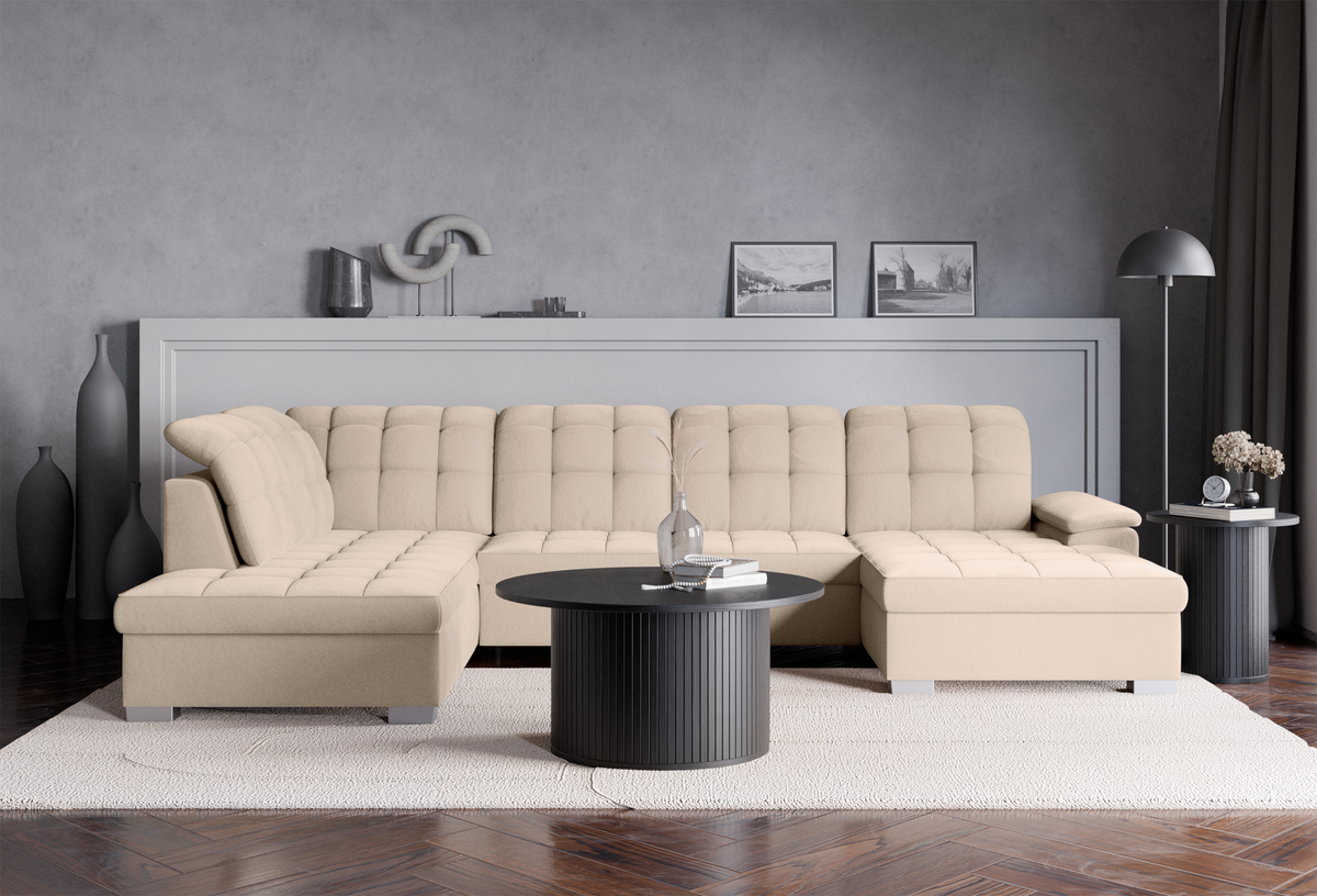 Canapé d'angle droit avec fonction couchage Jamaal en velours hydrofuge beige avec coffre de rangement, forme en U