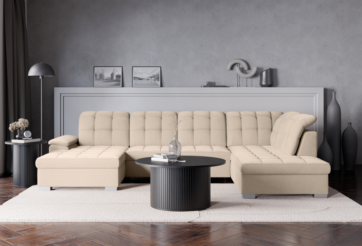 Canapé d’angle avec fonction couchage Jamaal en U, côté gauche, avec rangement, velours hydrofuge beige