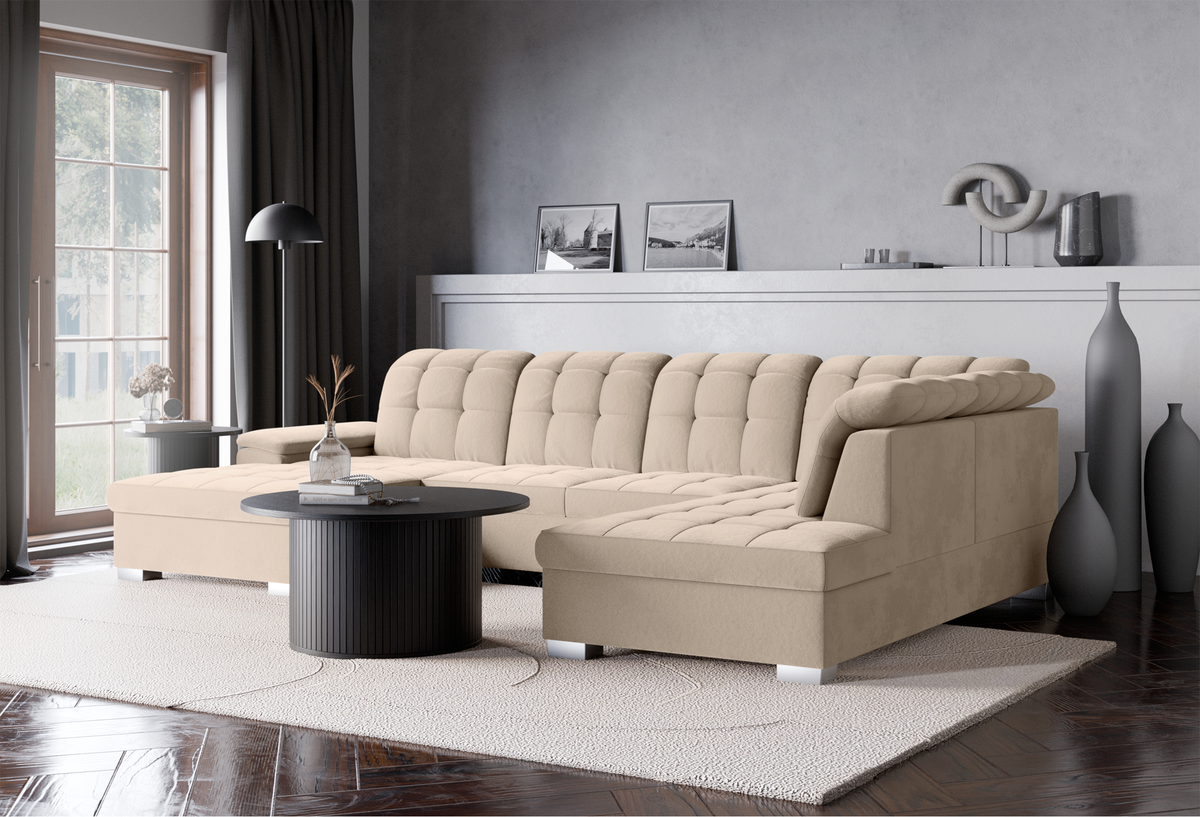 Canapé d’angle avec fonction couchage Jamaal en U, côté gauche, avec rangement, velours hydrofuge beige