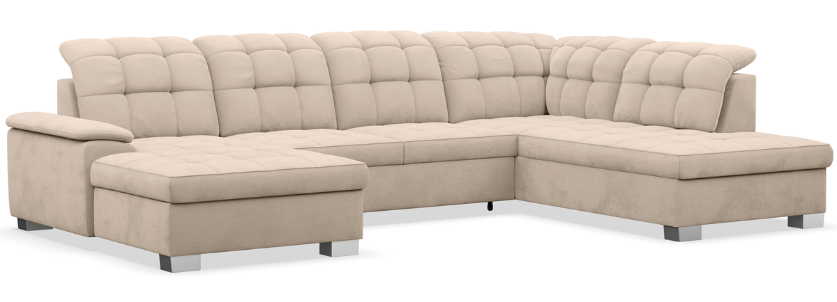 Canapé d’angle avec fonction couchage Jamaal en U, côté gauche, avec rangement, velours hydrofuge beige