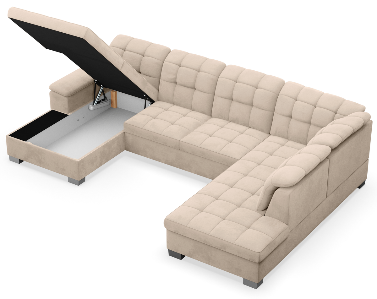 Canapé d’angle avec fonction couchage Jamaal en U, côté gauche, avec rangement, velours hydrofuge beige