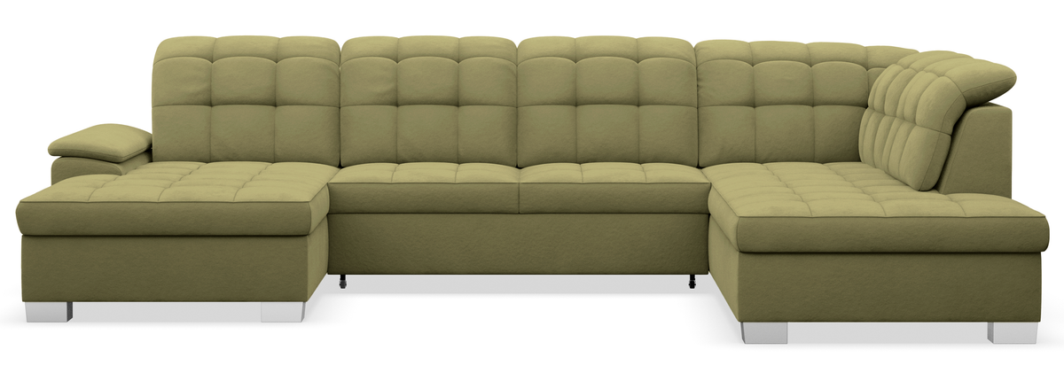 Canapé d'angle avec fonction couchage Jamaal en U, côté gauche, avec coffre, velours hydrofuge olive
