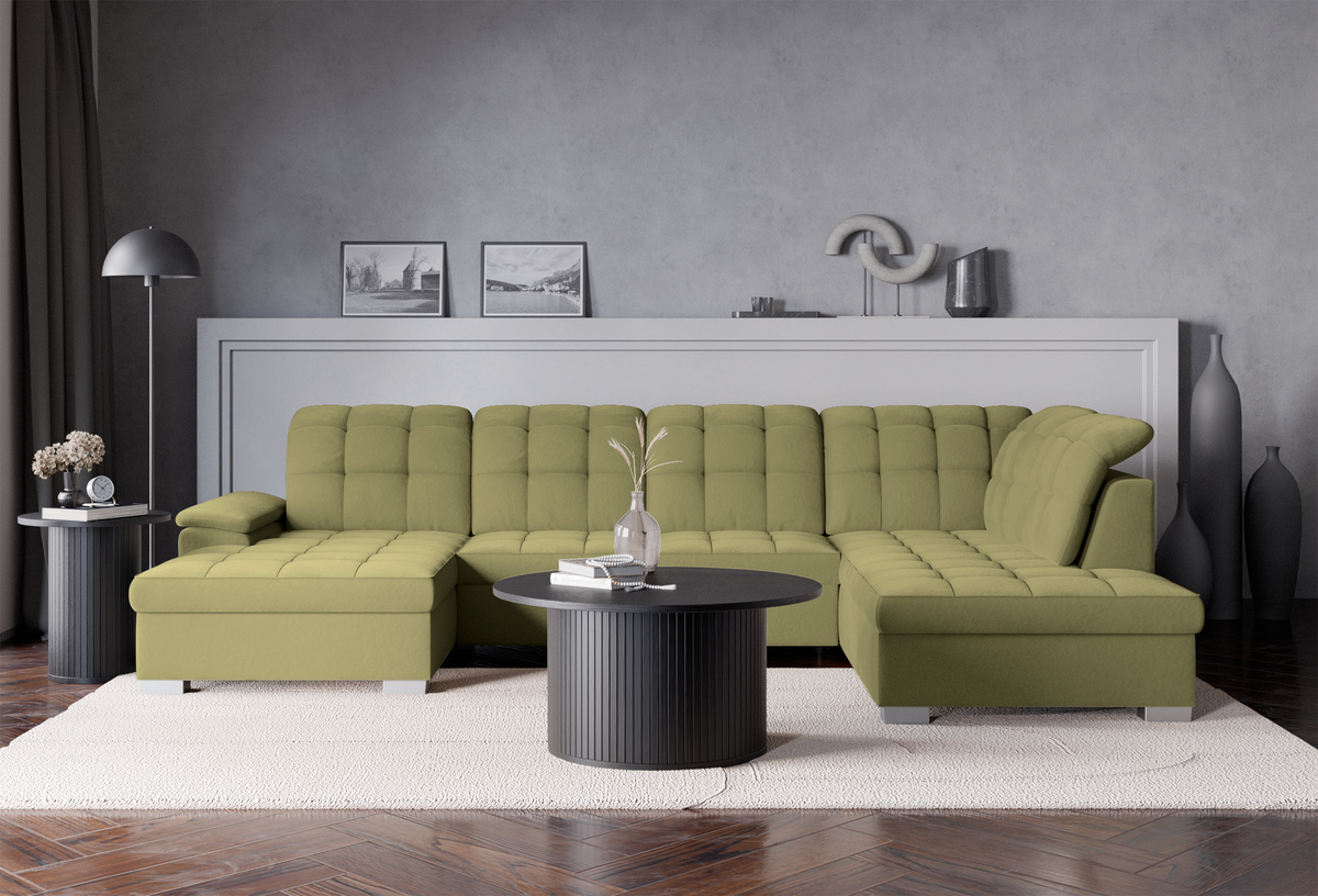 Canapé d'angle avec fonction couchage Jamaal en U, côté gauche, avec coffre, velours hydrofuge olive