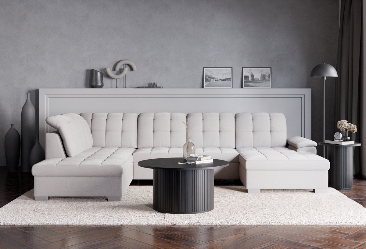 Canapé d'angle droit avec fonction couchage Jamaal en U avec rangement, tressage crème