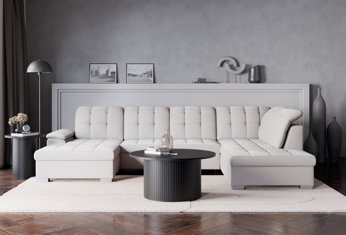 Canapé d'angle avec fonction couchage Jamaal en U, côté gauche, avec rangement, crème en tissage
