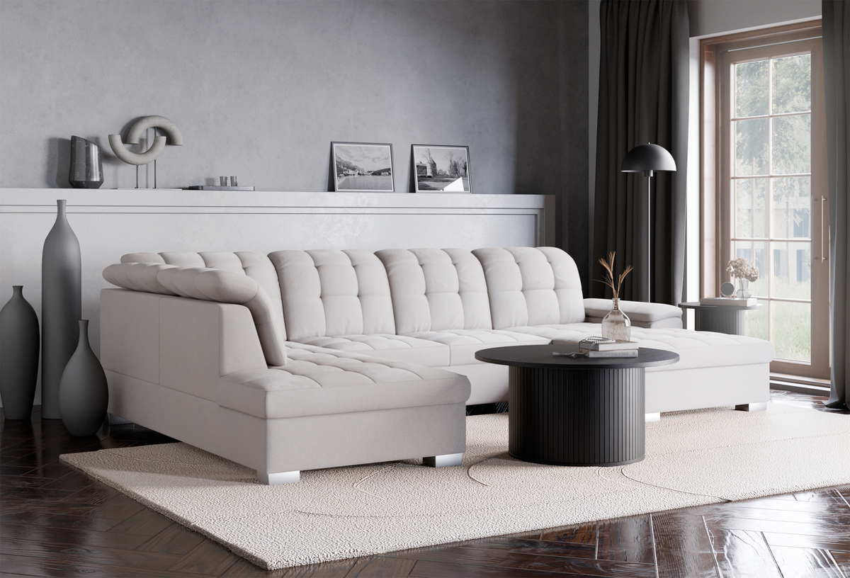 Canapé d'angle droit avec fonction couchage Jamaal en U avec rangement, tressage crème