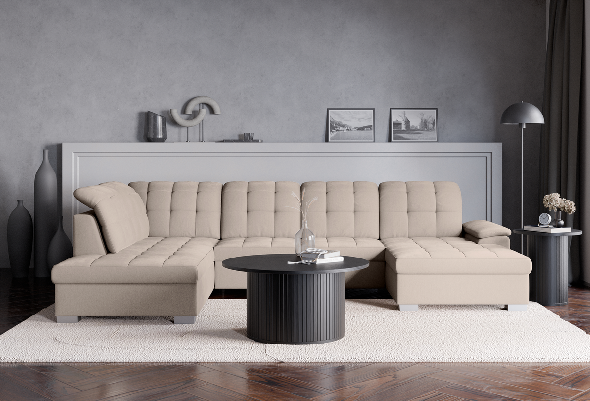 Canapé d'angle avec fonction couchage Jamaal en U, côté droit, avec rangement, beige en rotin