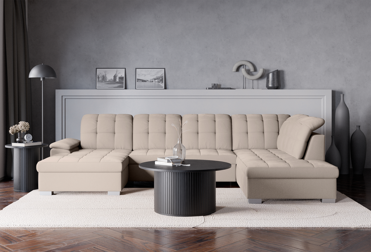 Canapé d'angle avec fonction couchage Jamaal en U, côté gauche, avec rangement, beige en rotin tressé