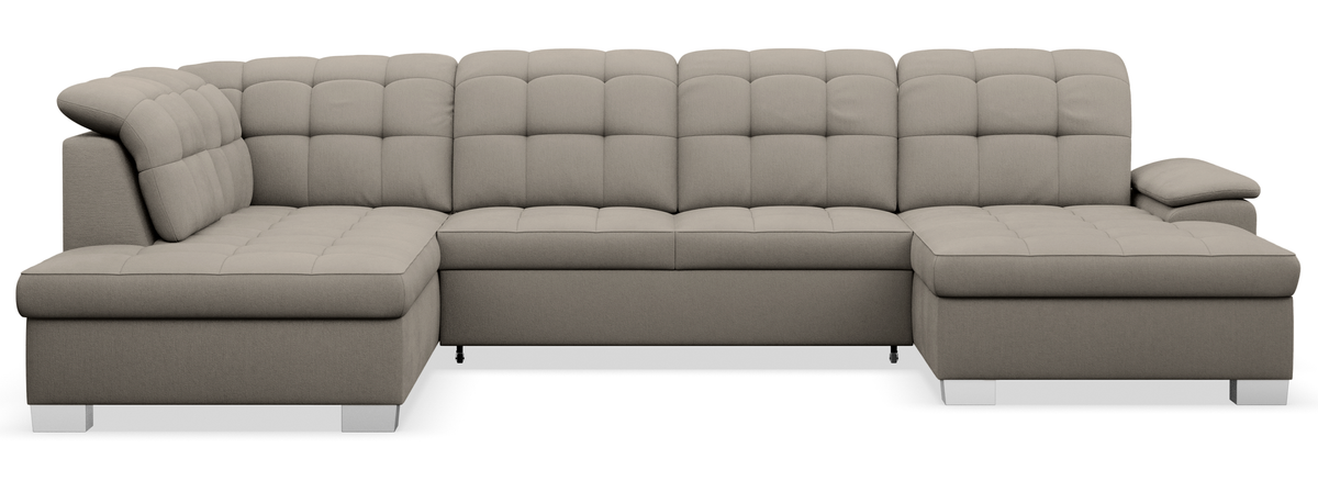Canapé d'angle avec fonction couchage Jamaal en U, côté droit, avec coffre, tissage gris-beige
