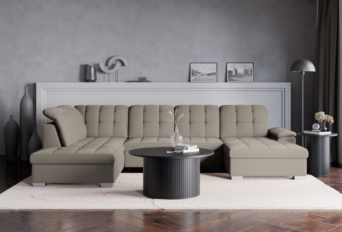 Canapé d'angle avec fonction couchage Jamaal en U, côté droit, avec coffre, tissage gris-beige