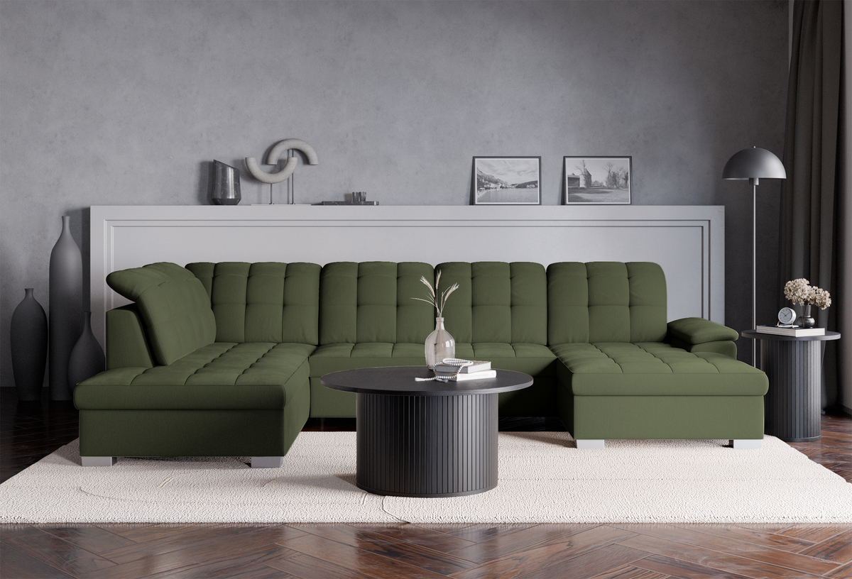 Canapé d'angle avec fonction couchage Jamaal en U, côté droit, avec rangement, tissage kaki