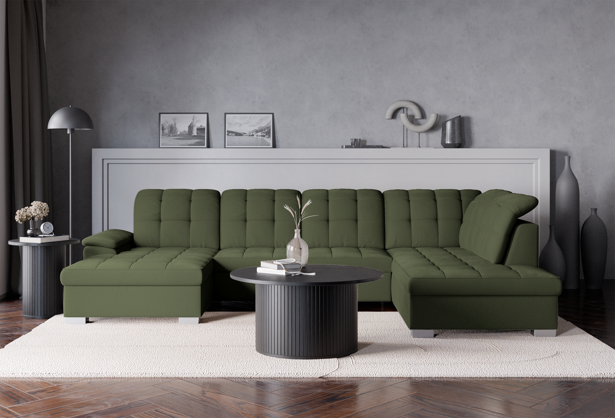 Canapé d'angle avec fonction couchage Jamaal en U, côté gauche, avec coffre de rangement, tissage kaki