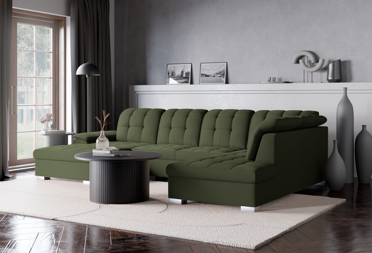 Canapé d'angle avec fonction couchage Jamaal en U, côté gauche, avec coffre de rangement, tissage kaki