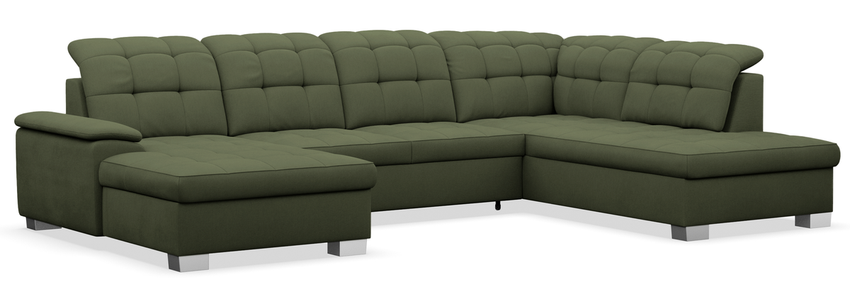 Canapé d'angle avec fonction couchage Jamaal en U, côté gauche, avec coffre de rangement, tissage kaki