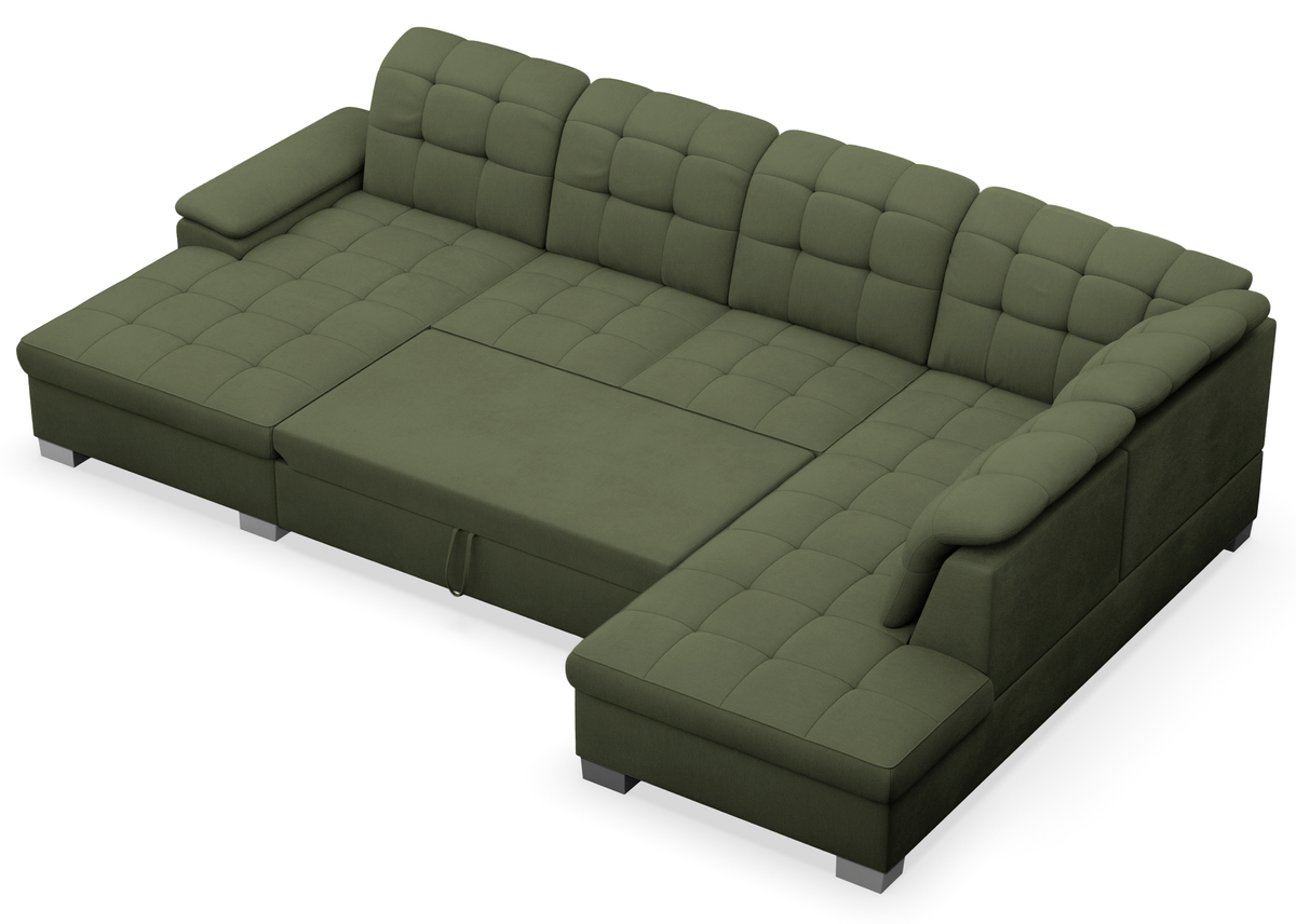 Canapé d'angle avec fonction couchage Jamaal en U, côté gauche, avec coffre de rangement, tissage kaki