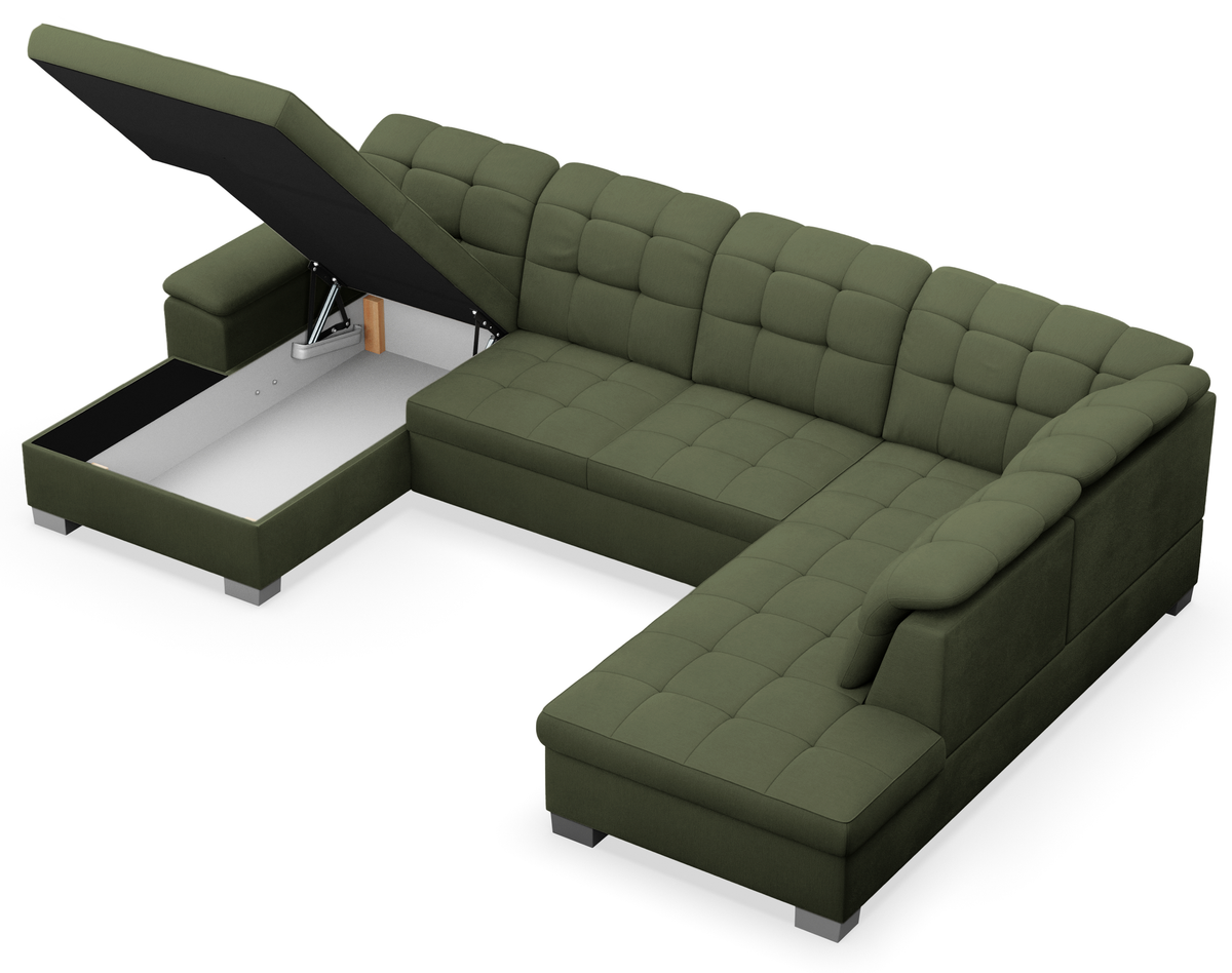 Canapé d'angle avec fonction couchage Jamaal en U, côté gauche, avec coffre de rangement, tissage kaki